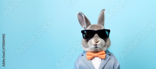 Funny easter concept holiday animal celebration greeting card - Cool easter bunny, rabbit with suit, sunglasses and bow tie, isolated on blue background