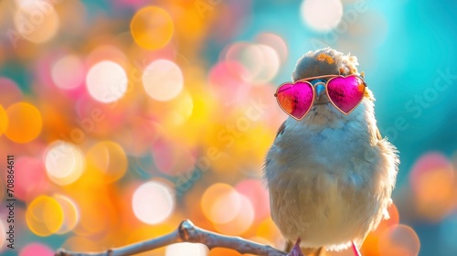 love bird in heart shaped pink sunglasses against bokeh background. Valentine's day 2024 photo