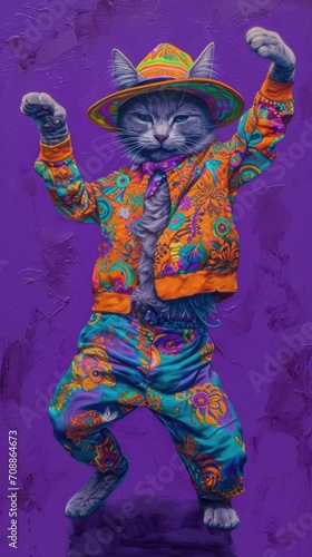 Cute cat wearing colorful clothes dancing on purple background . Vertical background