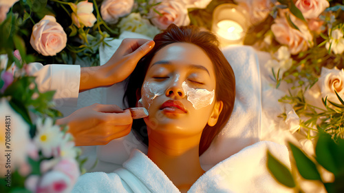 Young asian woman lays on the coach for beauty procedures with closed eyes wearing white robe, another hands are putting cosmetological mask on face, Roses, scented candles.