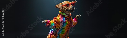 Cute dog wearing colorful clorhes dancing on black background . Banner