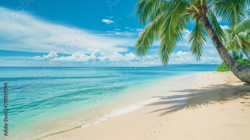 A tranquil scene captures the pristine beauty of a deserted tropical beach with clear blue waters under a bright sky. © Margaret