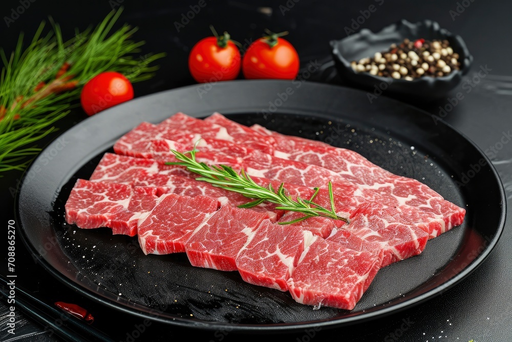 A black plate with beef cuts that have been sliced