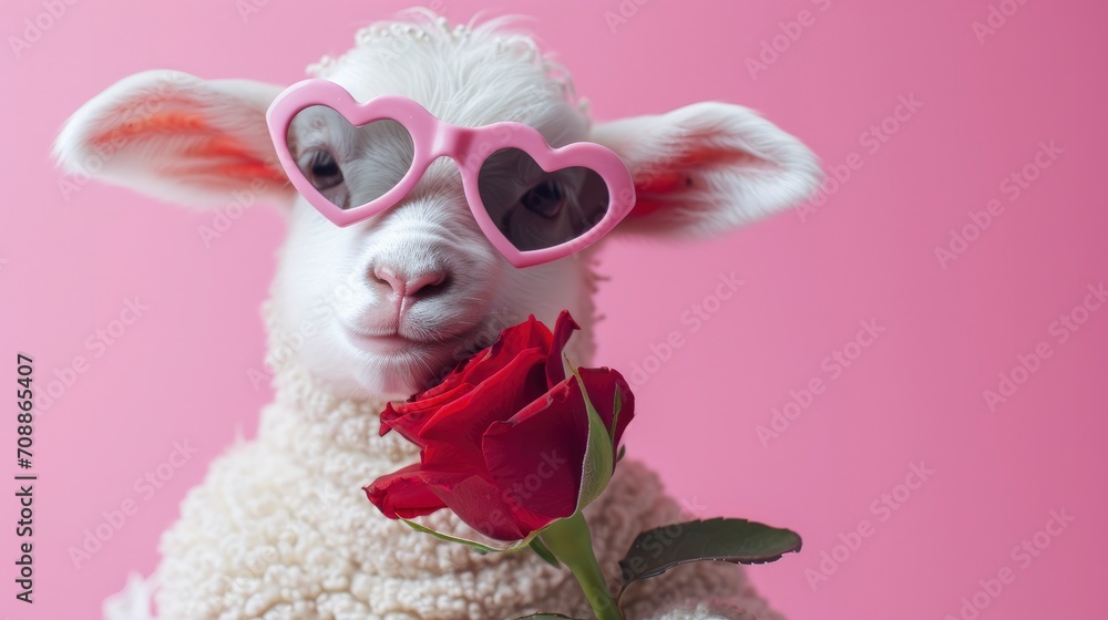 lamb holding a red rose wearing heart-shaped pink sunglasses lamb holding a red rose wearing heart-shaped pink sunglasses
