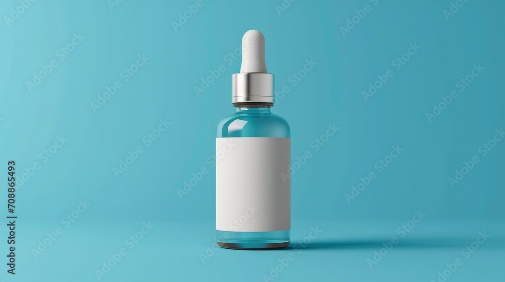 A white dropper bottle with a simple white label on a soft blue background A white dropper bottle with a simple white label on a soft blue background
