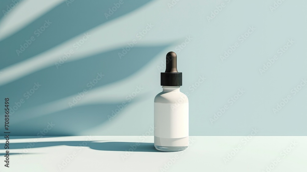 A white dropper bottle with a simple white label on a soft blue background A white dropper bottle with a simple white label on a soft blue background