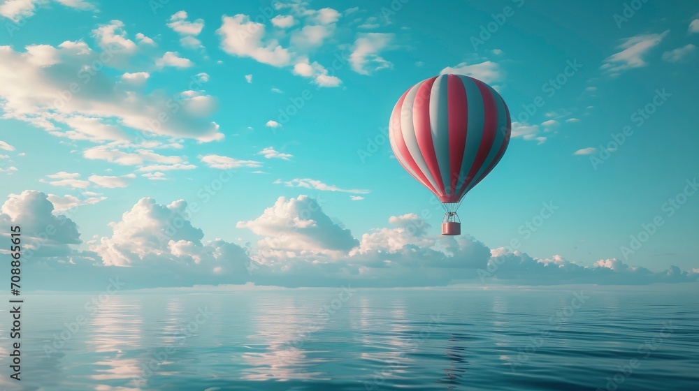one of those colorful hot air balloons floating above the water.