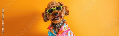 Cute dog wearing colorful clorhes dancing on brown background . Banner © kramynina