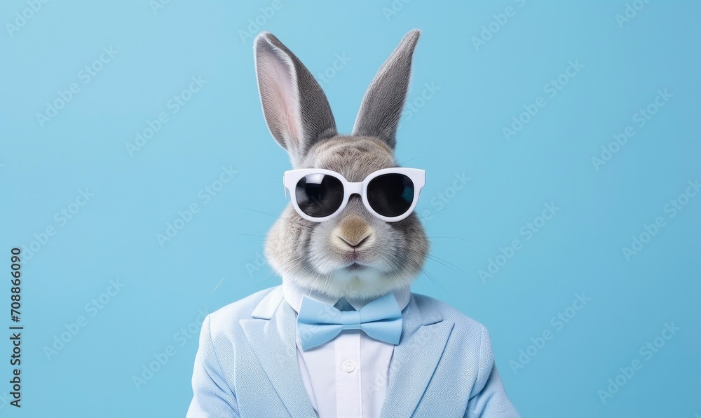 Funny easter concept holiday animal celebration greeting card - Cool easter bunny, rabbit with suit, sunglasses and bow tie, isolated on blue background