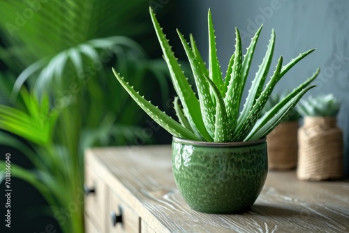 Green aloe vera in pot on chest of drawers indoors