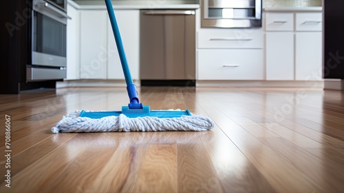 Mop cleaning dirty kitchen floor at home