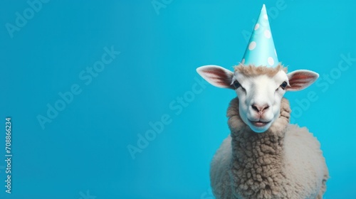 Funny sheep with birthday party hat on blue background. photo
