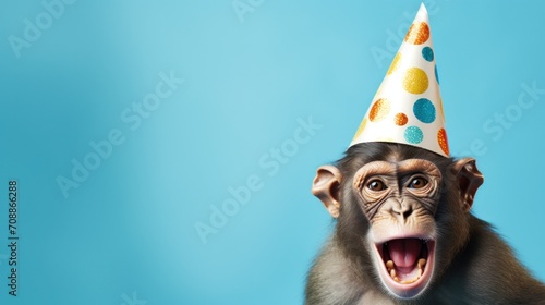 Funny monkey with birthday party hat on blue background. photo