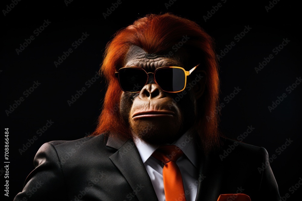 Funny orangutan with sunglasses in a suit on a black background. Funny orangutan with sunglasses in a suit on a black background.