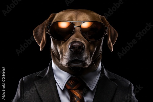 Funny dog with sunglasses in a suit on a black background. © vlntn