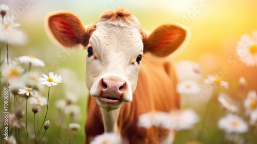 Portrait of happy cow rejoice with spring.