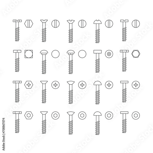 Types of bolts line icons editable stroke