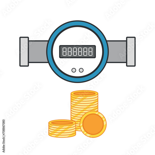 Water metering devices and coins colored flat objects. Saving water.