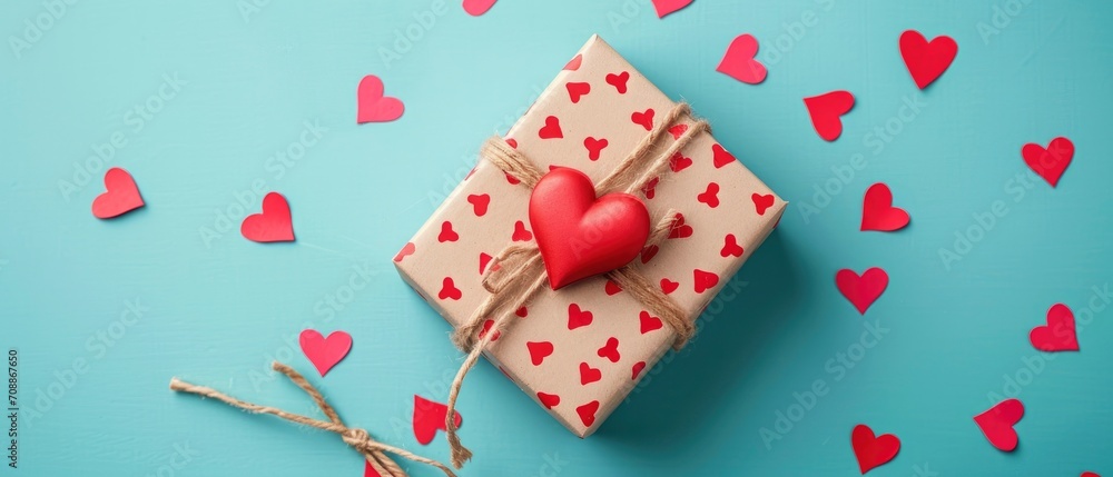 Gift box for Valentine or Mother day decorated with paper red hearts top view. Gift box for Valentine or Mother day decorated with paper red hearts top view.