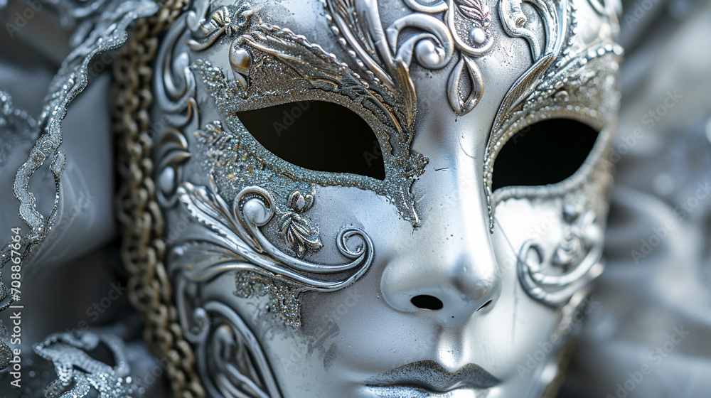 A close-up photograph of a Venetian mask with silver accents, showcasing the metallic details that enhance its elegance, venetian masks, hd, silver mask close-up with copy space A close-up photograph of a Venetian mask with silver accents, showcasing the metallic details that enhance its elegance, venetian masks, hd, silver mask close-up with copy space