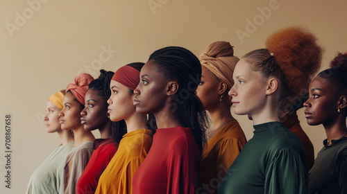 A powerful photograph featuring a diverse group of women standing in unity, symbolizing strength and solidarity, women�s history month, hd, diverse women in unity with copy space
