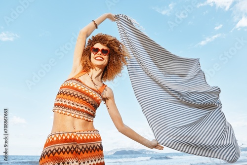 Joyful Summer Freedom: Smiling Woman on Beach Vacation