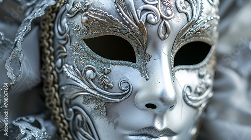 A close-up photograph of a Venetian mask with silver accents  showcasing the metallic details that enhance its elegance  venetian masks  hd  silver mask close-up with copy space