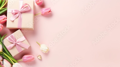 The concept of Women's Day, spring, March 8. Top view of tulips and isolated pastel pink background with copyspace.