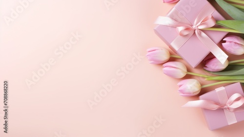Top view of trendy gift boxes with ribbon bows and tulips on an isolated pastel pink background with copy space. Mother s Day  March 8  Spring  the birthday of the concept.