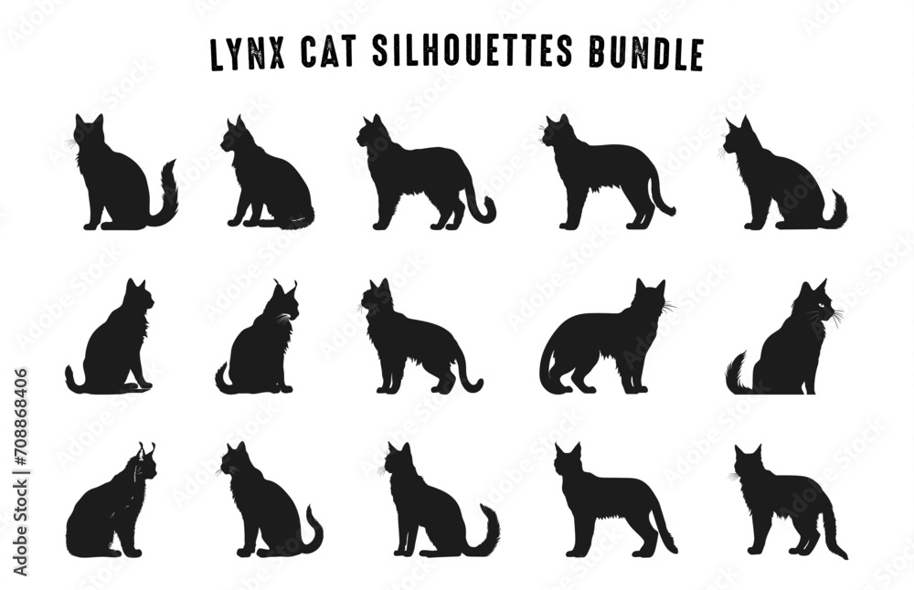 Lynx Cat Silhouettes Vector Set, Black Cats Silhouette Bundle