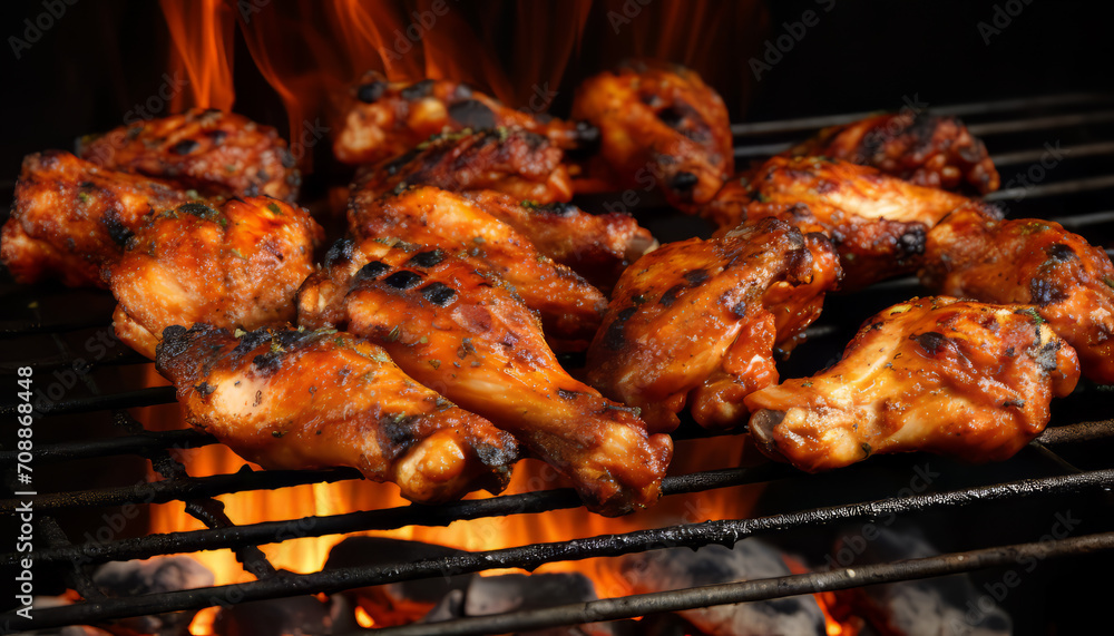 Grilled chicken wings on a barbecue with visible flames and grill marks, AI generated