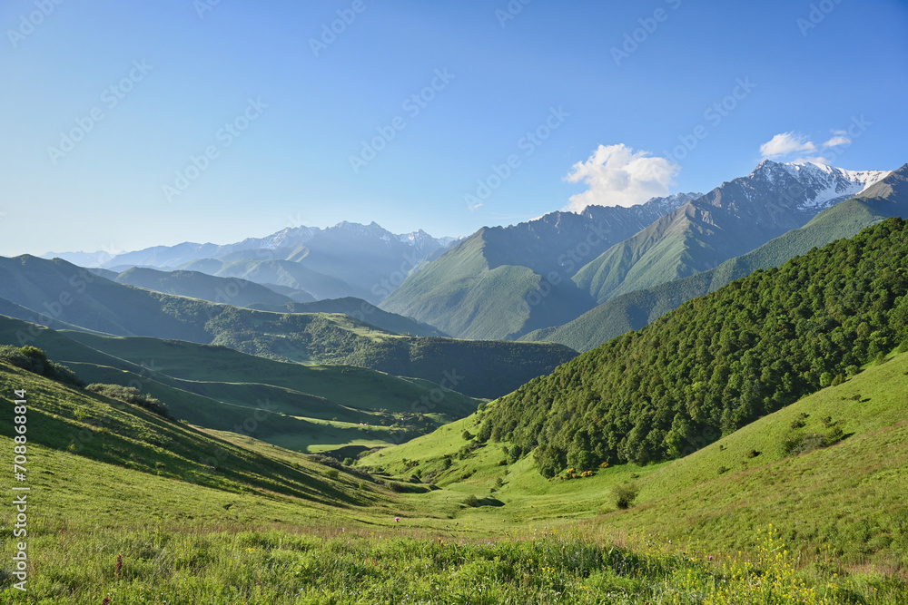Fototapeta premium Landscape of Erzi Nature Reserve in the morning light, Ingushetia Republic of Russia