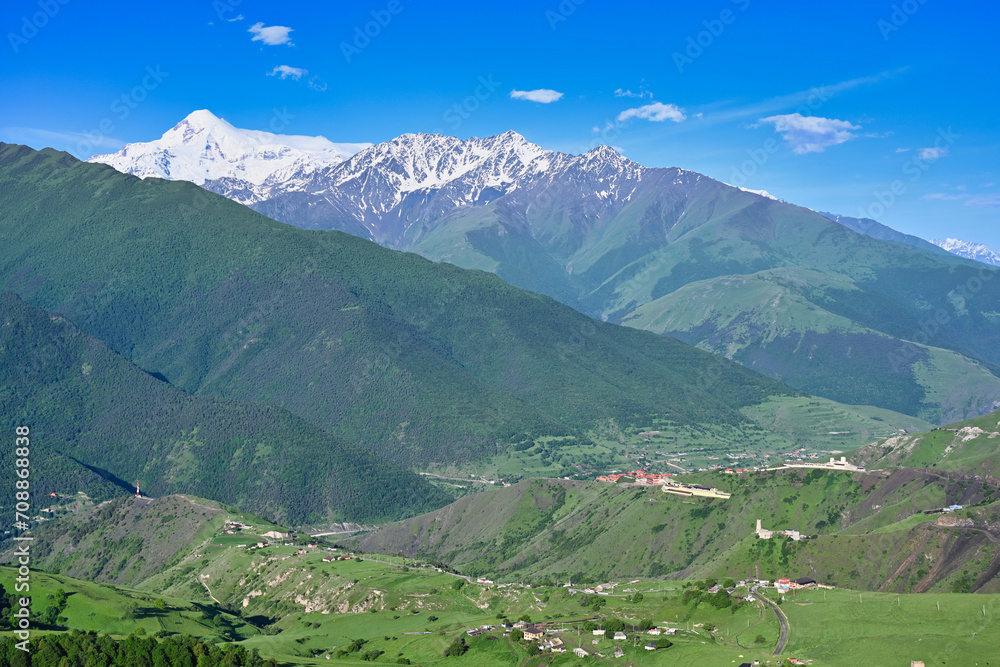 Aerial rural mountain landscape of Ingushetia Republic