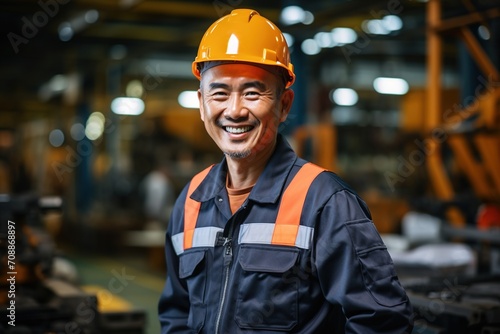Portrait of a happy Asian male worker wearing a hard hat in a factory photo