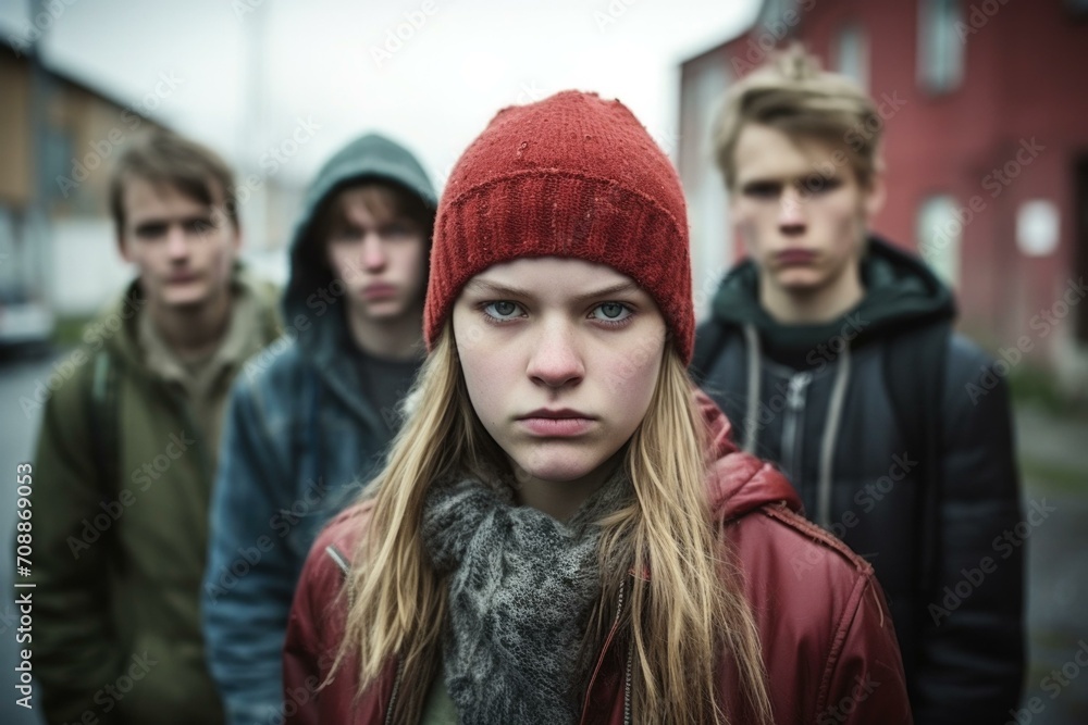 A group of young people standing in a street. Generative AI. A group of young people standing in a street. Generative AI.