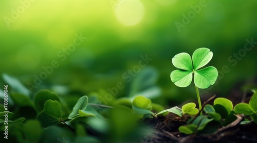 Green clover leaf on the ground with sunlight. Generative AI.