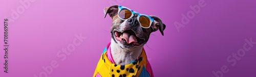 Cute dog wearing colorful clothes dancing on purple background . Banner © kramynina
