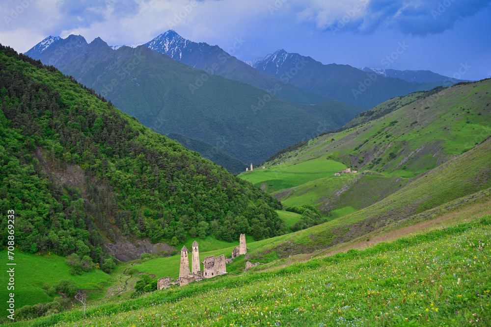 Mountain valley in Ingushetia before a storm