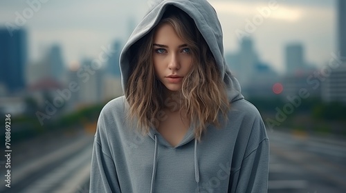 Portrait of a young woman in a gray hoodie © duyina1990