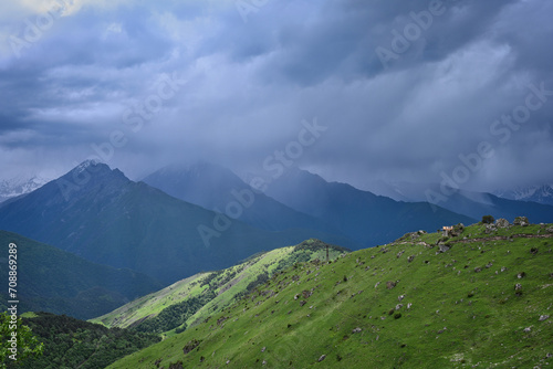 Rain thunderclouds over Tsey-Loam mountain pass