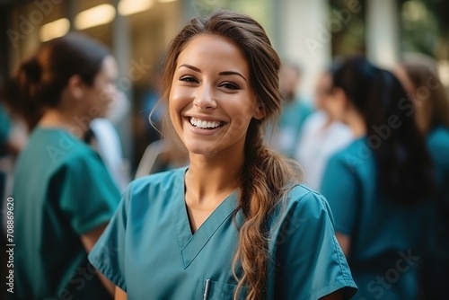 Happy female nurse with colleagues in the background