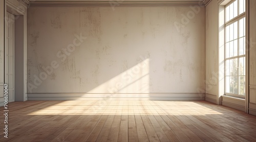 Empty beige room with window parquet floor and natural light creating shadow on wall