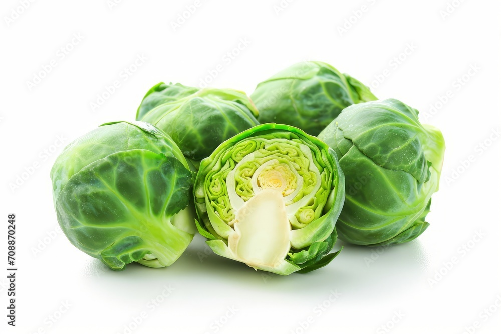 Fototapeta premium Brussels Sprouts with One Cut in Half on White Background