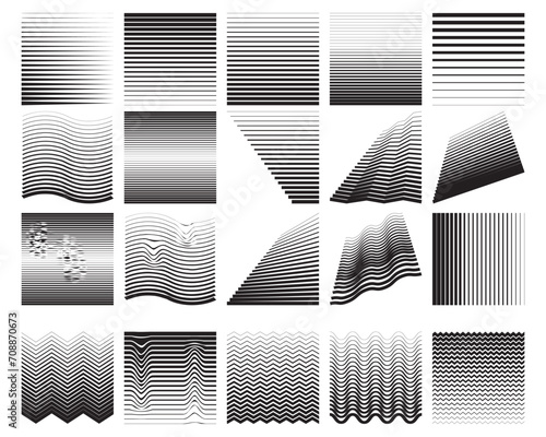 Line fade pattern. Collection Faded halftone black lines. Fading linear gradient. Vector isolated pattern on white background. Degraded fades stripe, smooth, thin, curved lines to square shape.