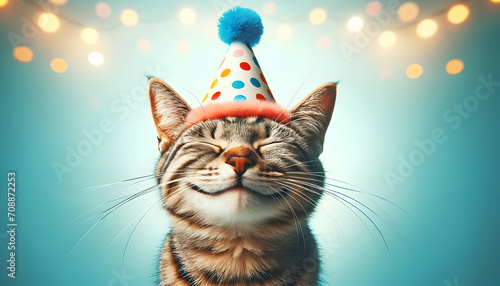 Happy cute cat in party hat celebrating birthday	
 photo