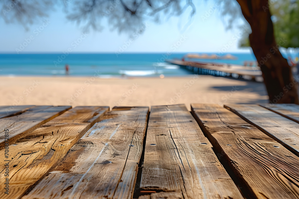 Foreground Wooden Boardwalk, Blurred Beach, Seaside Background