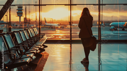 A Woman see view window at Airports, Silhouette of a person stand in the airport waiting for flight feeling alone