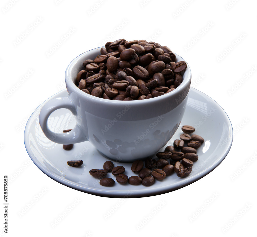 Fototapeta premium A cup of coffee beans on a pitcher and some coffee beans scattered on the pitcher