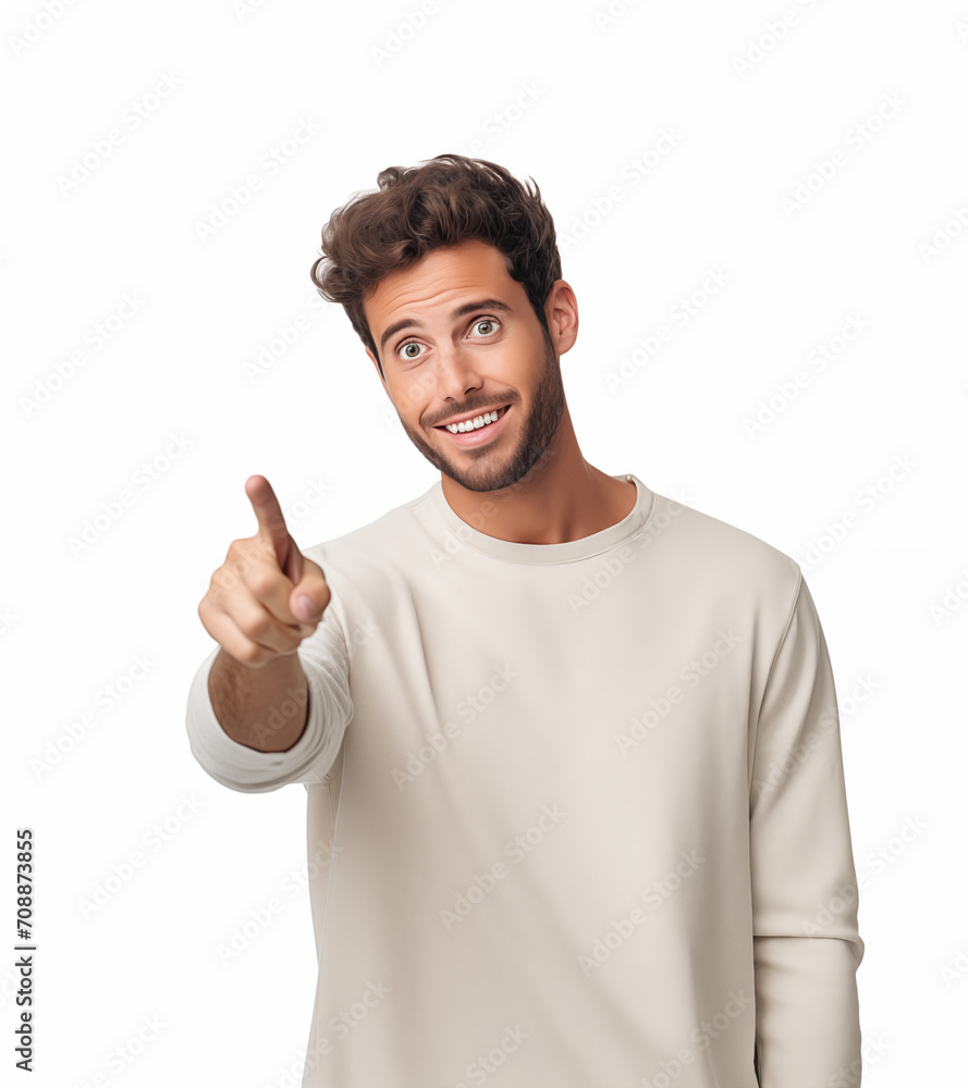 Fototapeta premium Excited guy smiling happily, pointing with index finger upwards on blank copy space for announcement advertisement, came up to a great idea. 