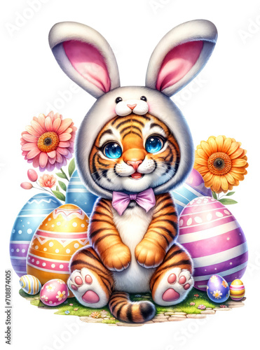 Cute Tiger in Easter Bunny Costume with Easter Eggs and Flowers Watercolor Clipart on Transparent Background. Happy Easter Clipart.